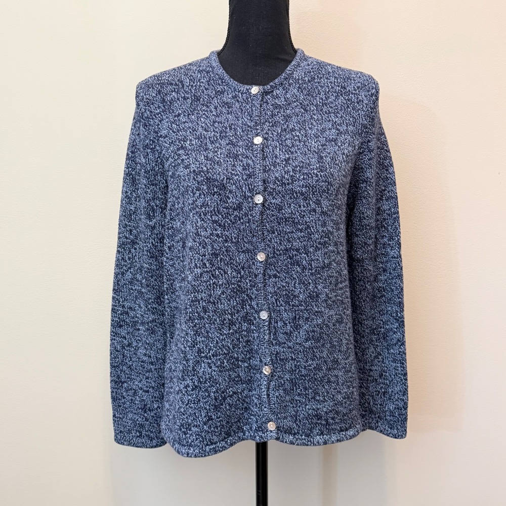 LL Bean Womens L Blue Marled Cotton Button Cardigan Sweater Cottagecore Nautical